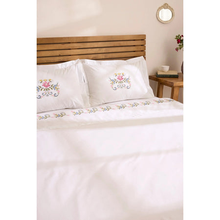 Karaca Home Ottalia %100 Cotton Kanavice Embroidered Double Duvet Cover Set White - MALLTURK