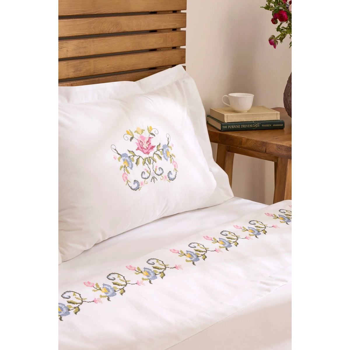 Karaca Home Ottalia %100 Cotton Kanavice Embroidered Double Duvet Cover Set White - MALLTURK