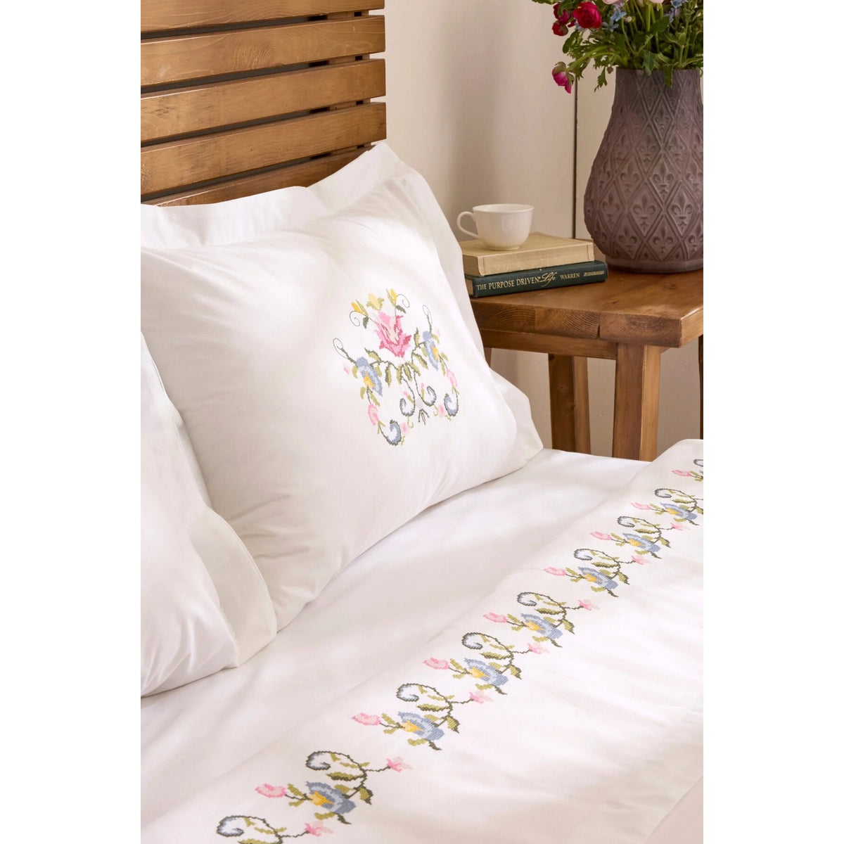 Karaca Home Ottalia %100 Cotton Kanavice Embroidered Double Duvet Cover Set White - MALLTURK