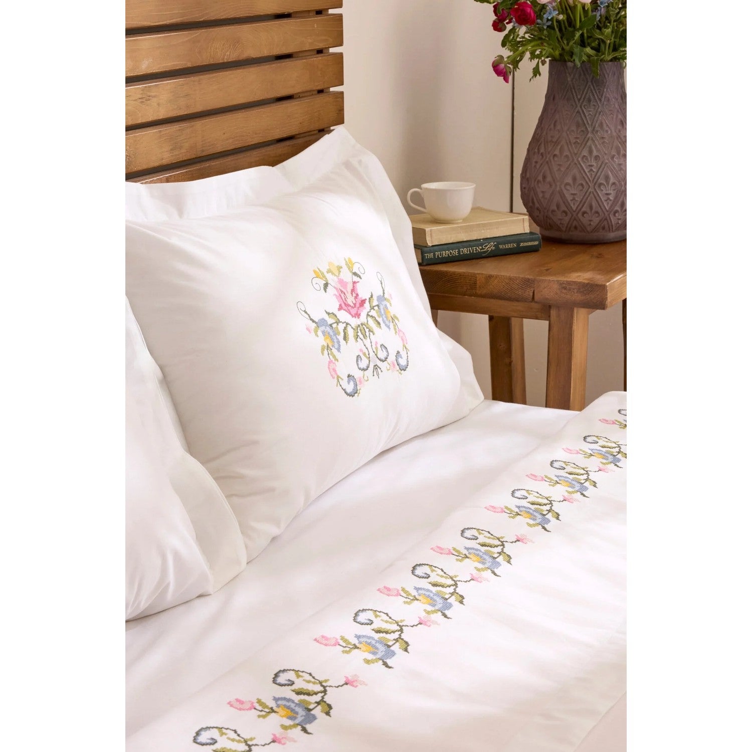 Karaca Home Ottalia %100 Cotton Kanavice Embroidered Double Duvet Cover Set White - MALLTURK