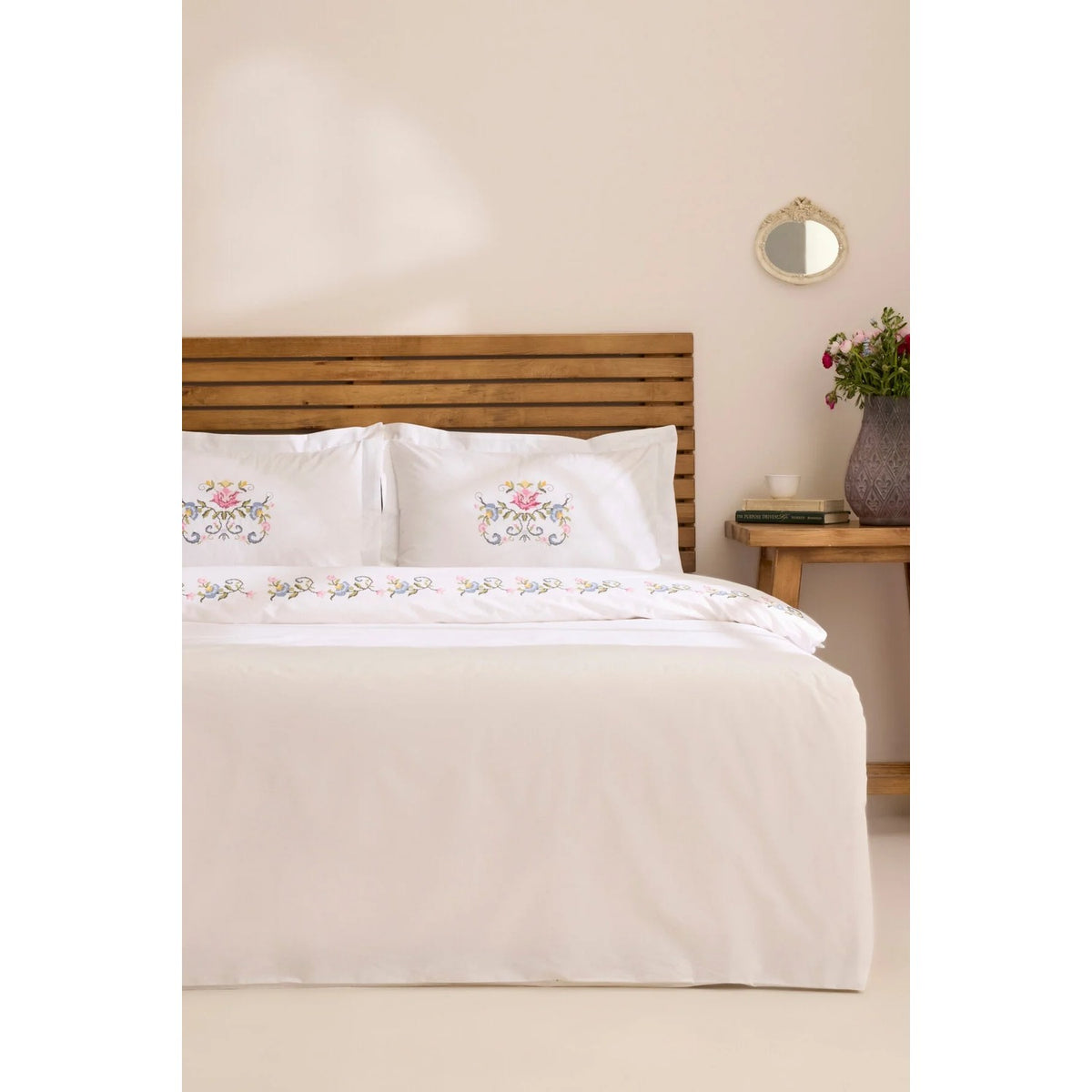 Karaca Home Ottalia %100 Cotton Kanavice Embroidered Double Duvet Cover Set White - MALLTURK