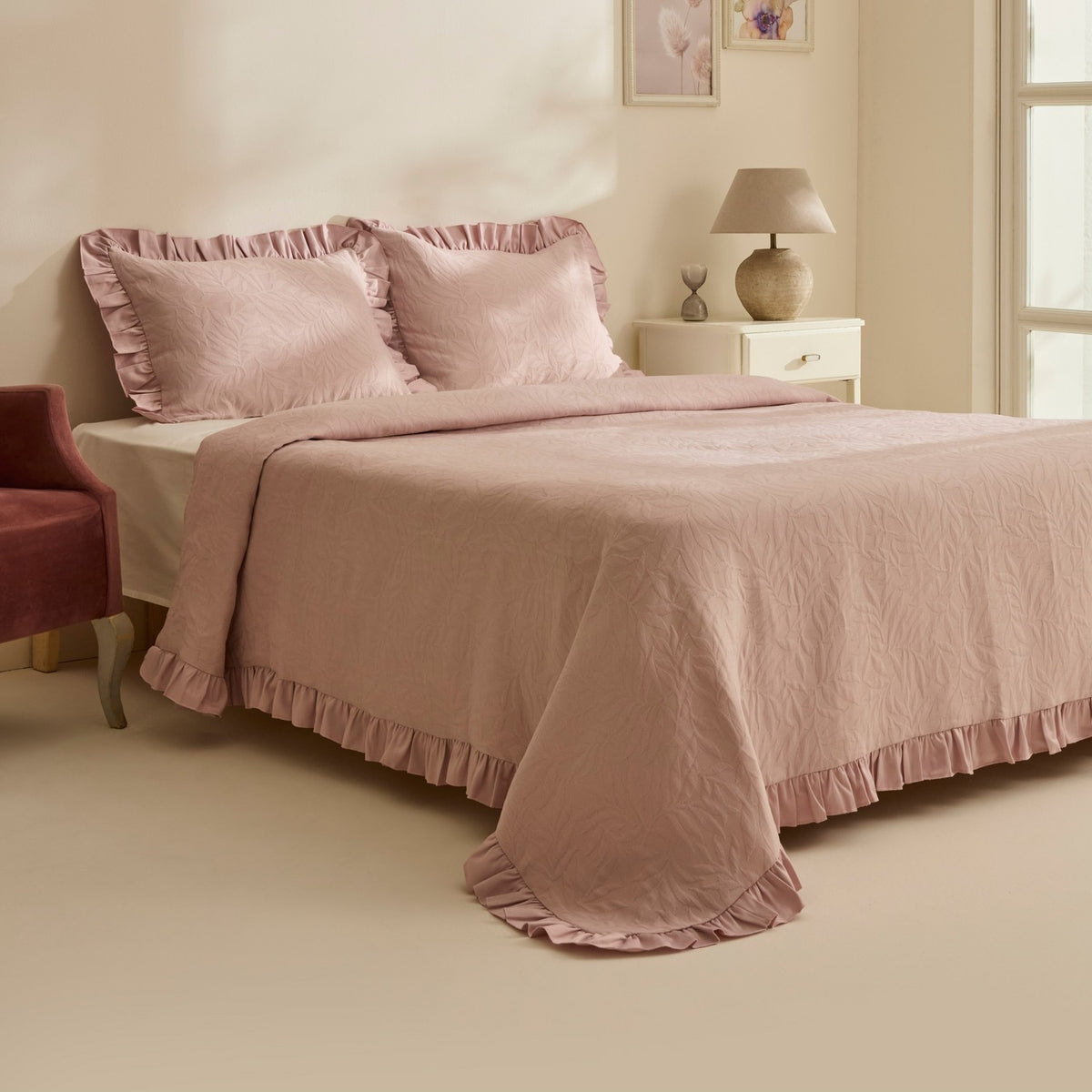 Karaca Home Branley Ruffled Double Bedspread Set, Powder Pink - MALLTURK