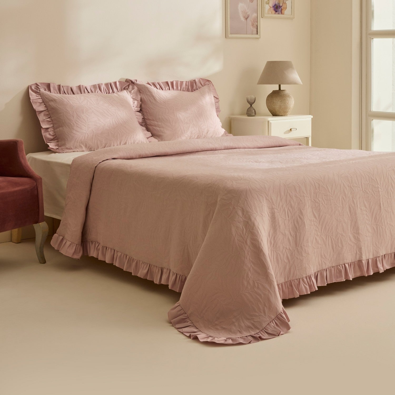 Karaca Home Branley Ruffled Double Bedspread Set, Powder Pink - MALLTURK