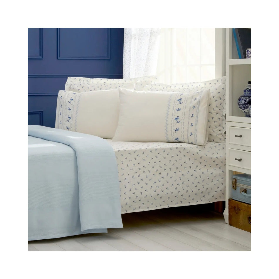 Karaca Home Blossy 100% Cotton Nish Set Double Bed Quilted Bedding Set Blue - MALLTURK