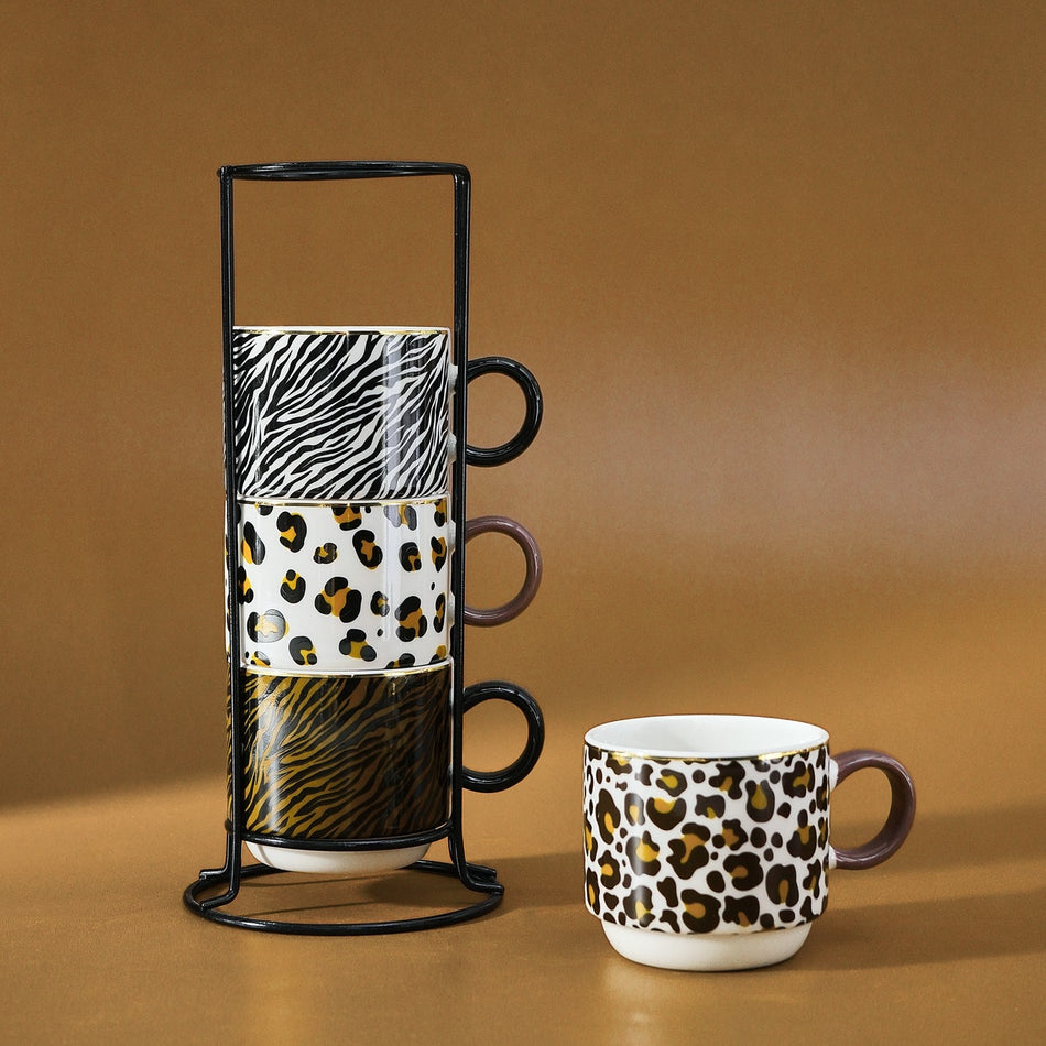 Karaca Leobra 5-Piece Leopard Pattern Tea Cup Set with Stand, 160 ml - MALLTURK
