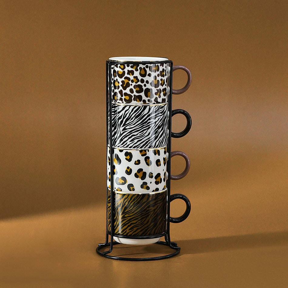 Karaca Leobra 5-Piece Leopard Pattern Tea Cup Set with Stand, 160 ml - MALLTURK