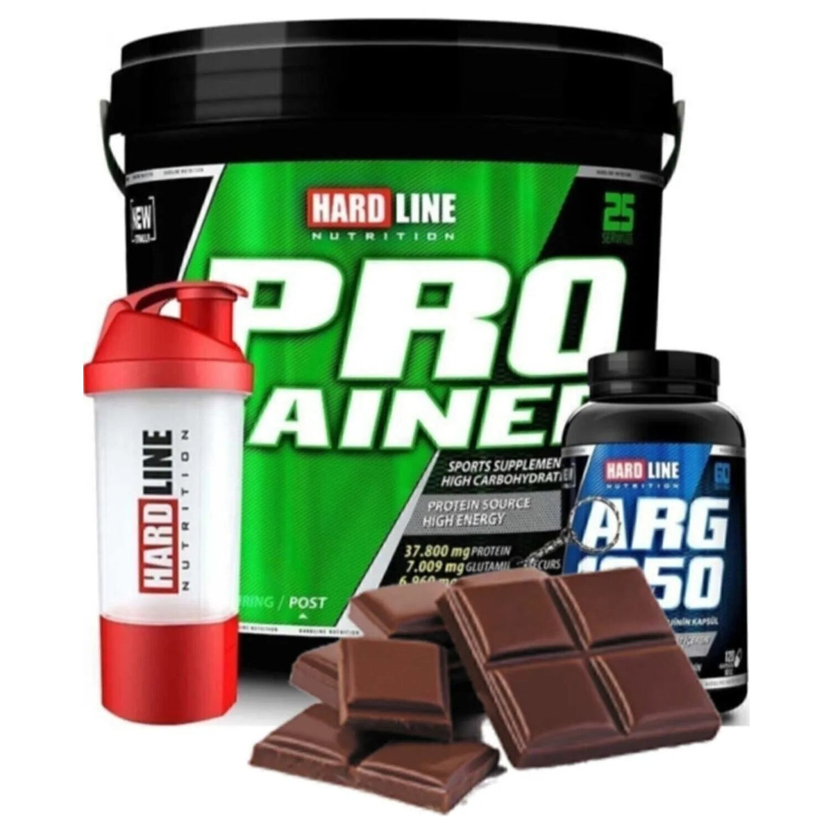Hardline Nutrition 5000 gr Progainer Chocolate + 120 Capsules ARG 1250 Amino Acid Supplement and Shaker - MALLTURK