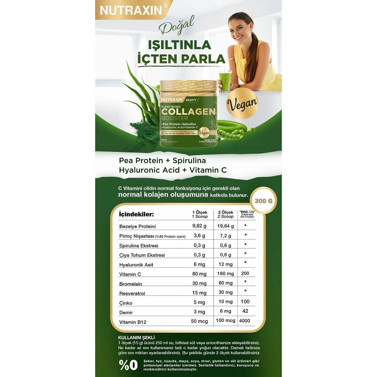 Nutraxin Vegan Collagen Booster 300 g Turkey Origin Powder with Skin Health Support - MALLTURK