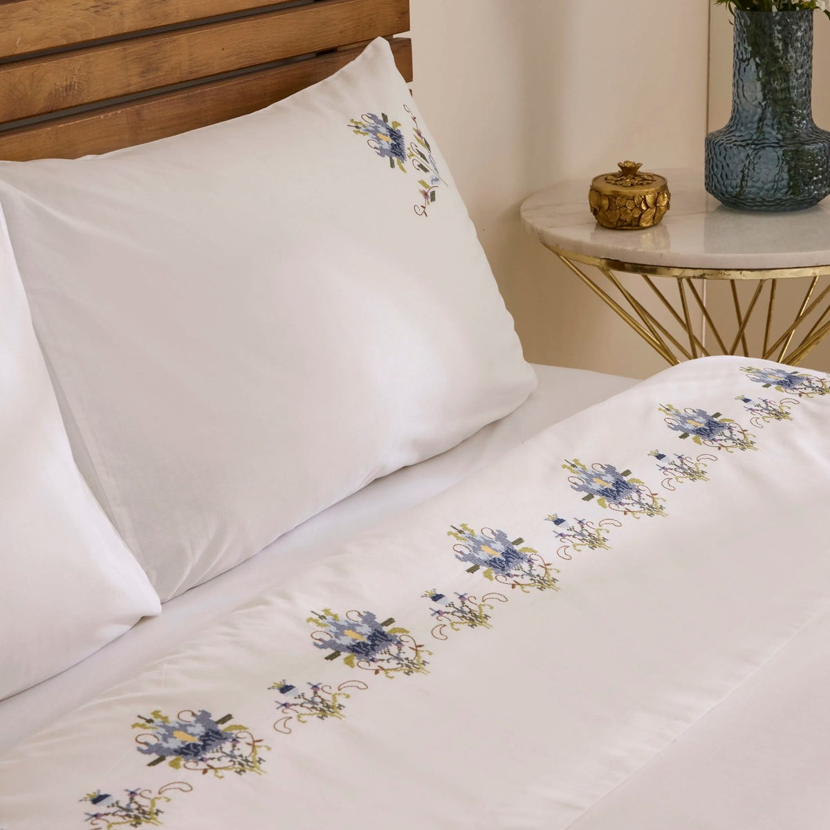 Karaca Home Maelis %100 Cotton Kanavice Embroidered Double Duvet Cover Set White - MALLTURK