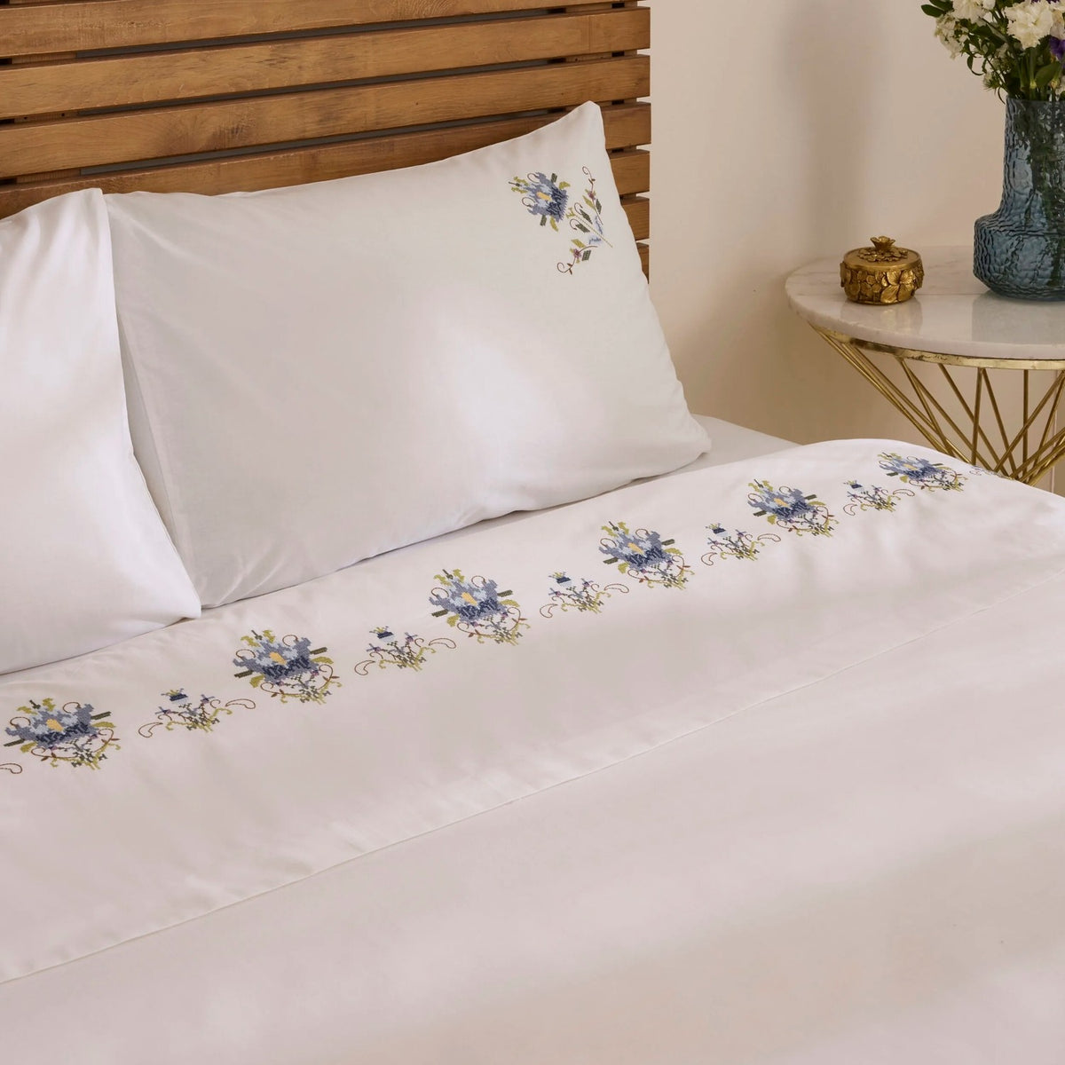 Karaca Home Maelis %100 Cotton Kanavice Embroidered Double Duvet Cover Set White - MALLTURK