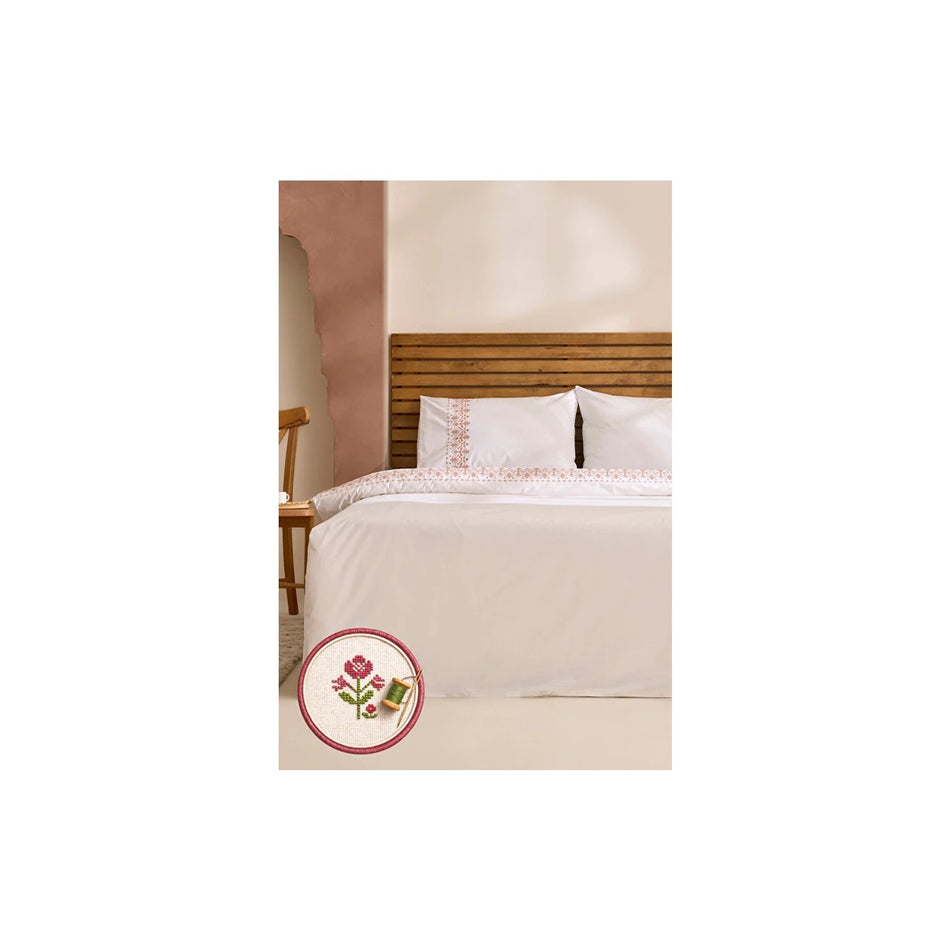 Karaca Home Merletto %100 Cotton Kanavice Embroidered Double Duvet Cover Set White - MALLTURK