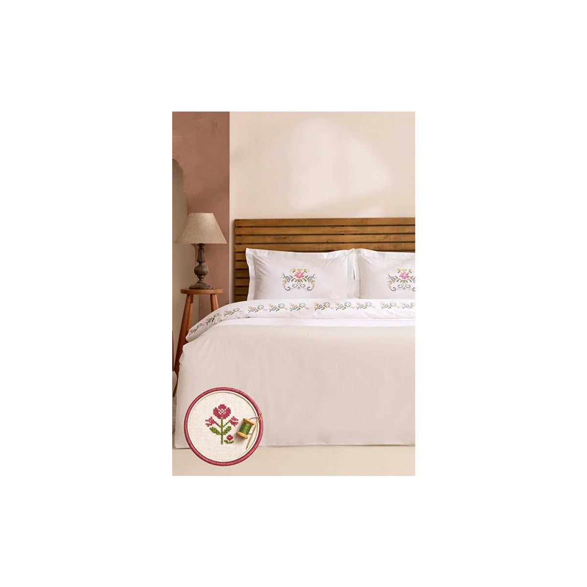 Karaca Home Ottalia %100 Cotton Kanavice Embroidered Double Duvet Cover Set White - MALLTURK