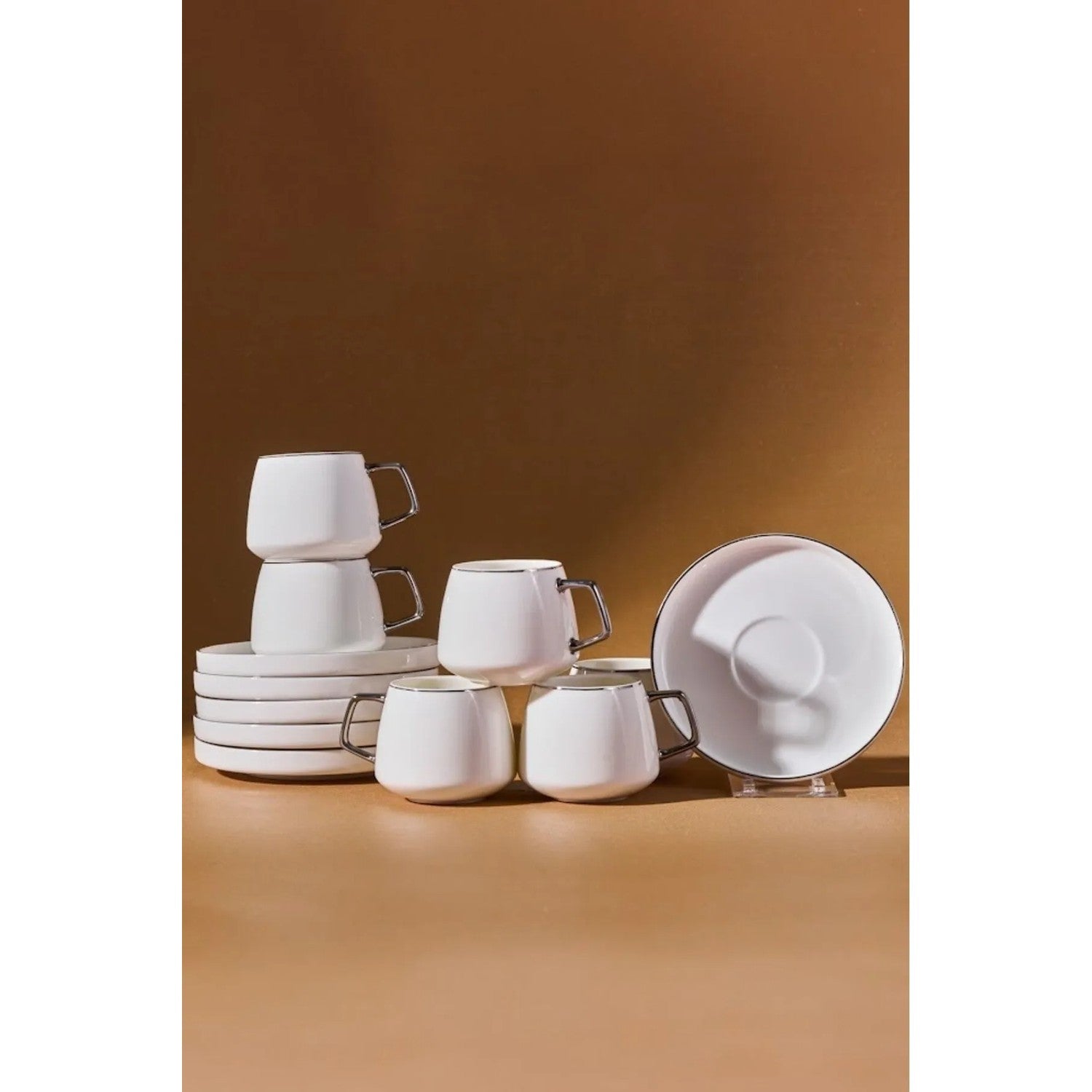 Karaca Saturn Platinum White Porcelain Turkish Coffee Cup Set for 6, 100 ml - MALLTURK