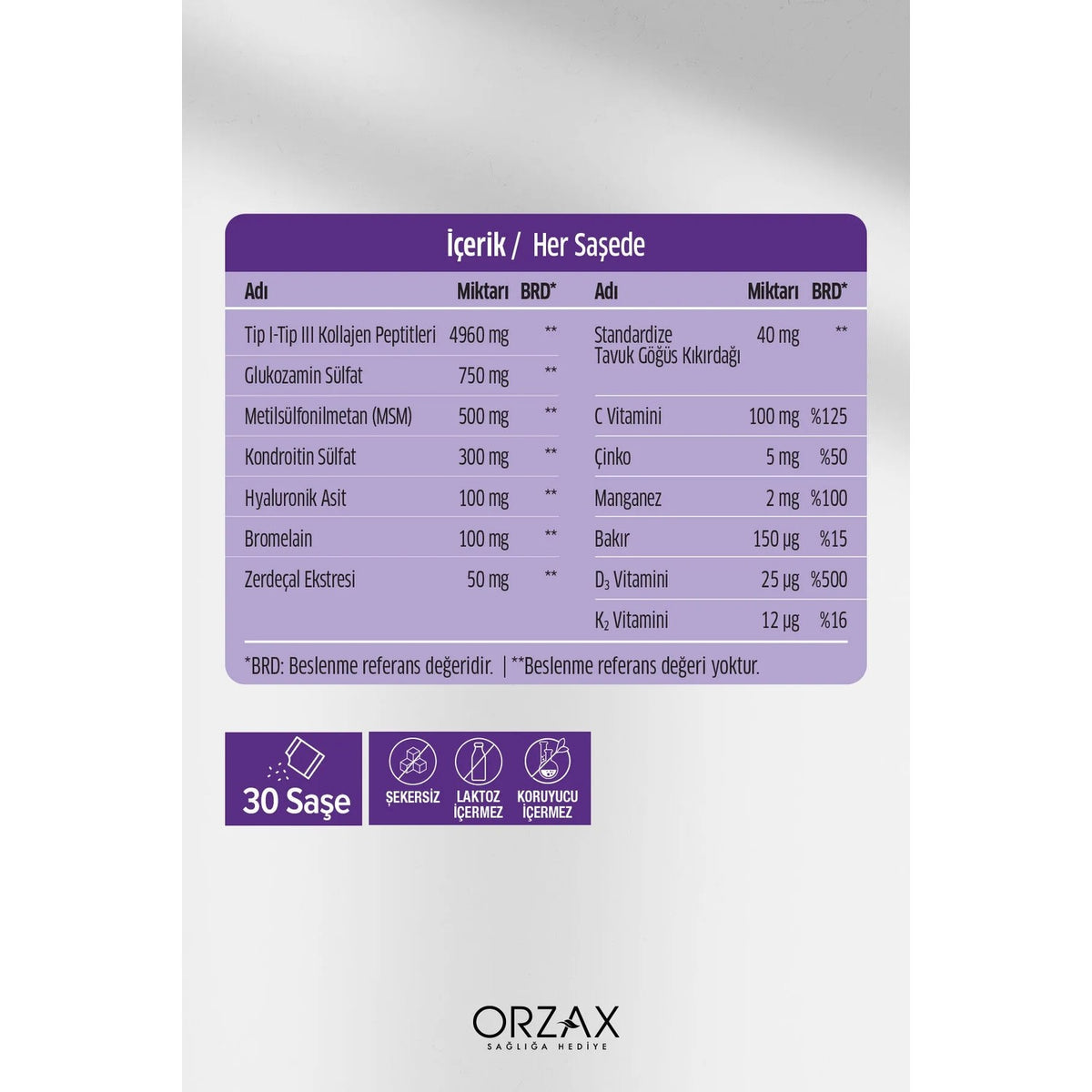 Orzax Ocean Colflex 30 Sachet Unflavored Dietary Supplement Turkey Origin Ingredient Information 850081345053 - MALLTURK