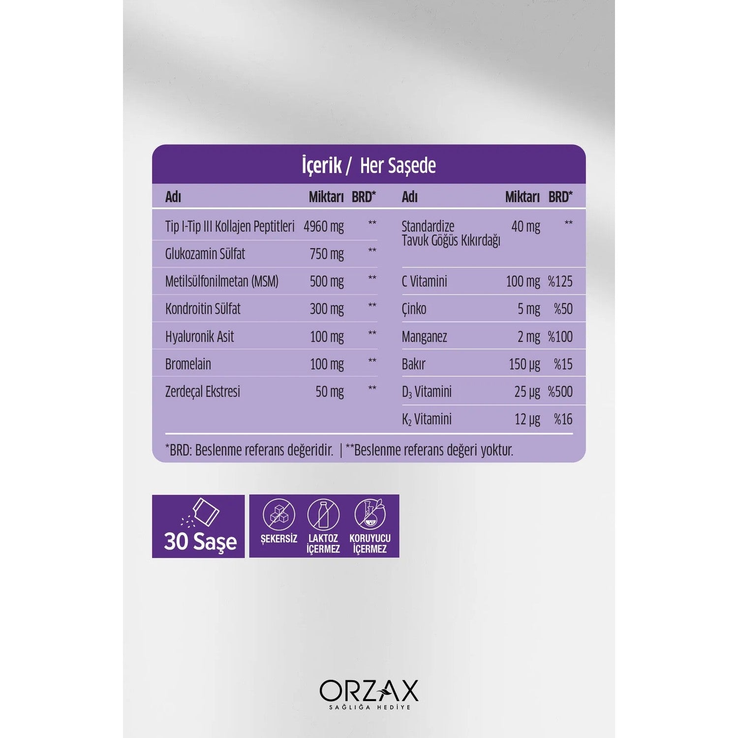 Orzax Ocean Colflex 30 Sachet Unflavored Dietary Supplement Turkey Origin Ingredient Information 850081345053 - MALLTURK