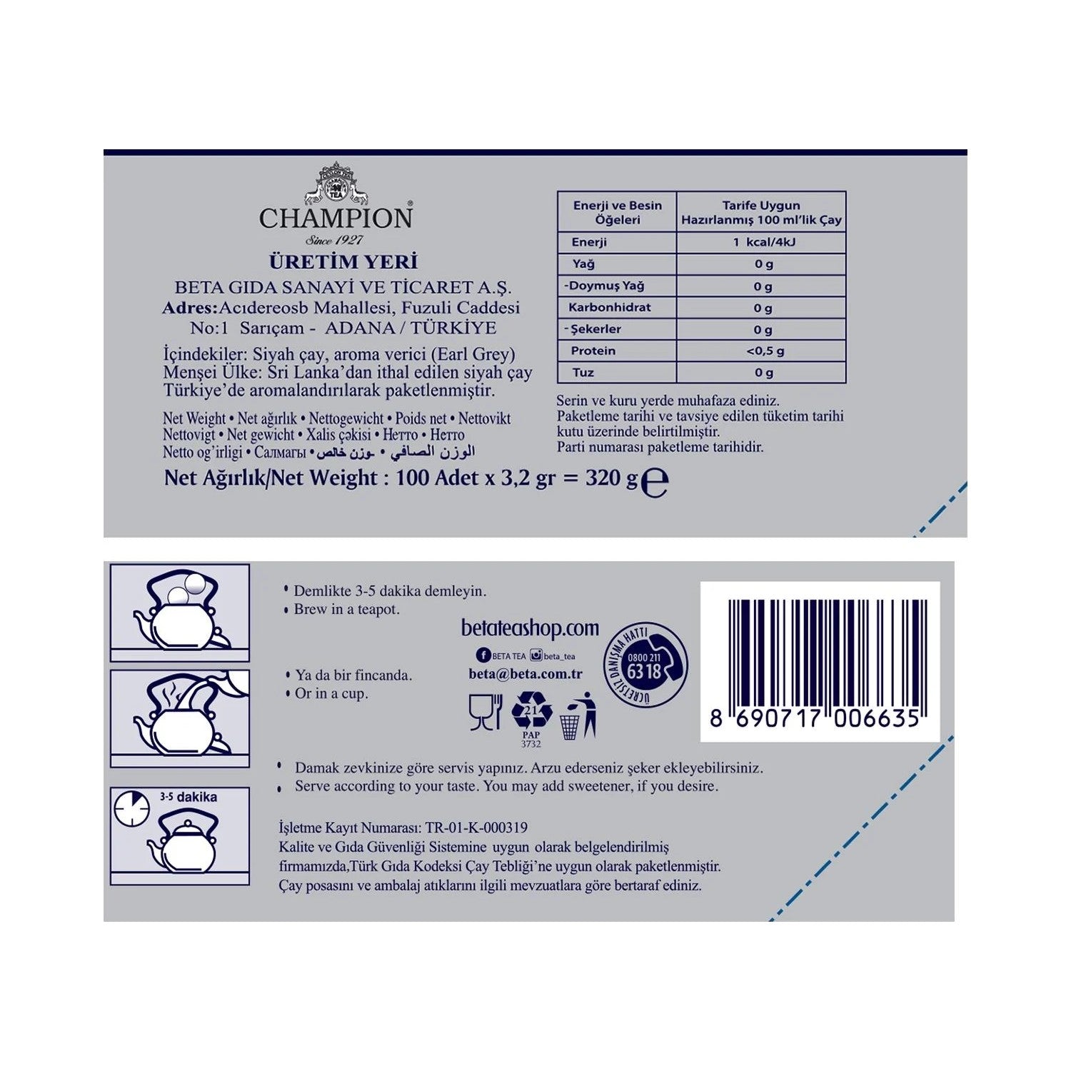 Champion Earl Grey Demlik bags 100 pieces (Bergamot - bud tea) 320 g bergamot flavored quality tea - MALLTURK