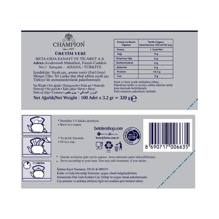 Champion Earl Grey Demlik bags 100 pieces (Bergamot - bud tea) 320 g bergamot flavored quality tea - MALLTURK