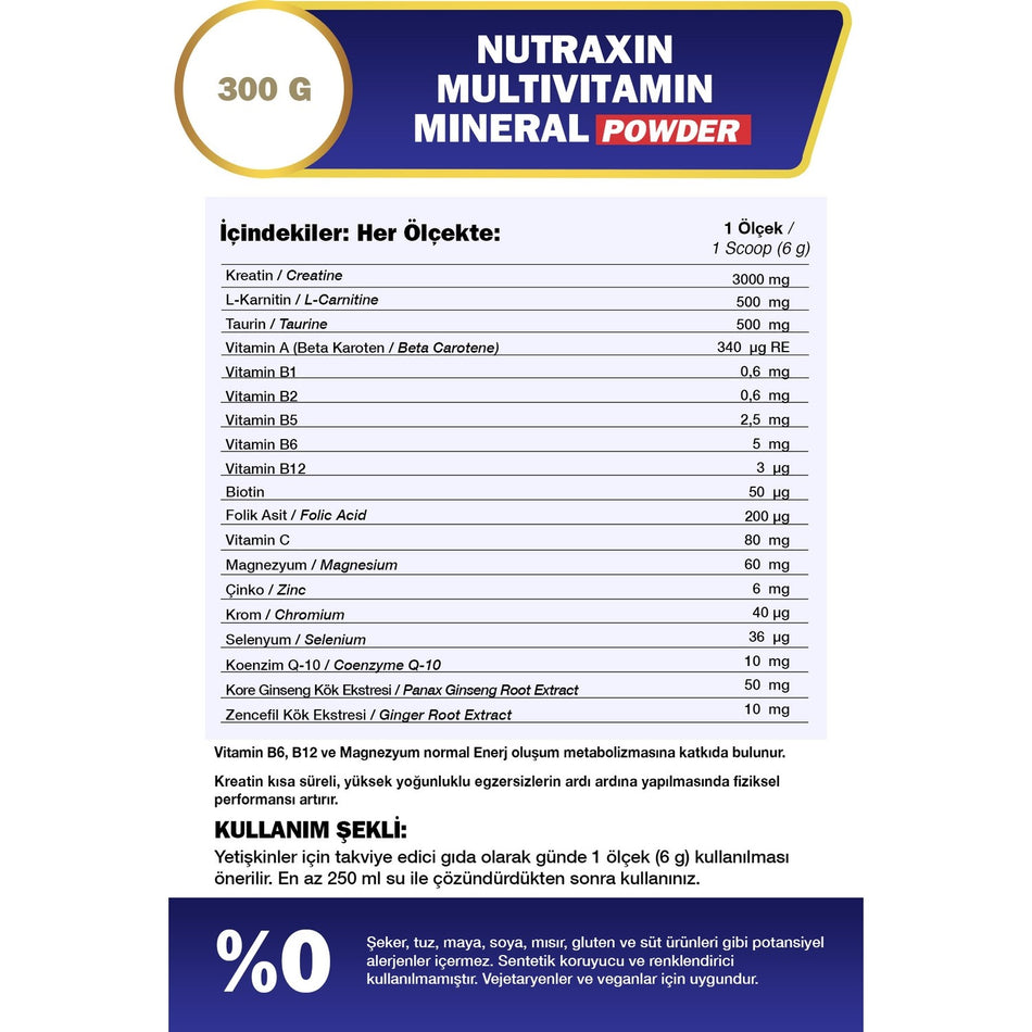 Nutraxin 300 g Multivitamin Mineral Powder For Adults Turkey Origin Energy Support - MALLTURK