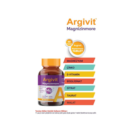 Argivit Magnizinmore Magnesium, Zinc and Vitamin D with Dietary Supplement 60 Tablet - MALLTURK