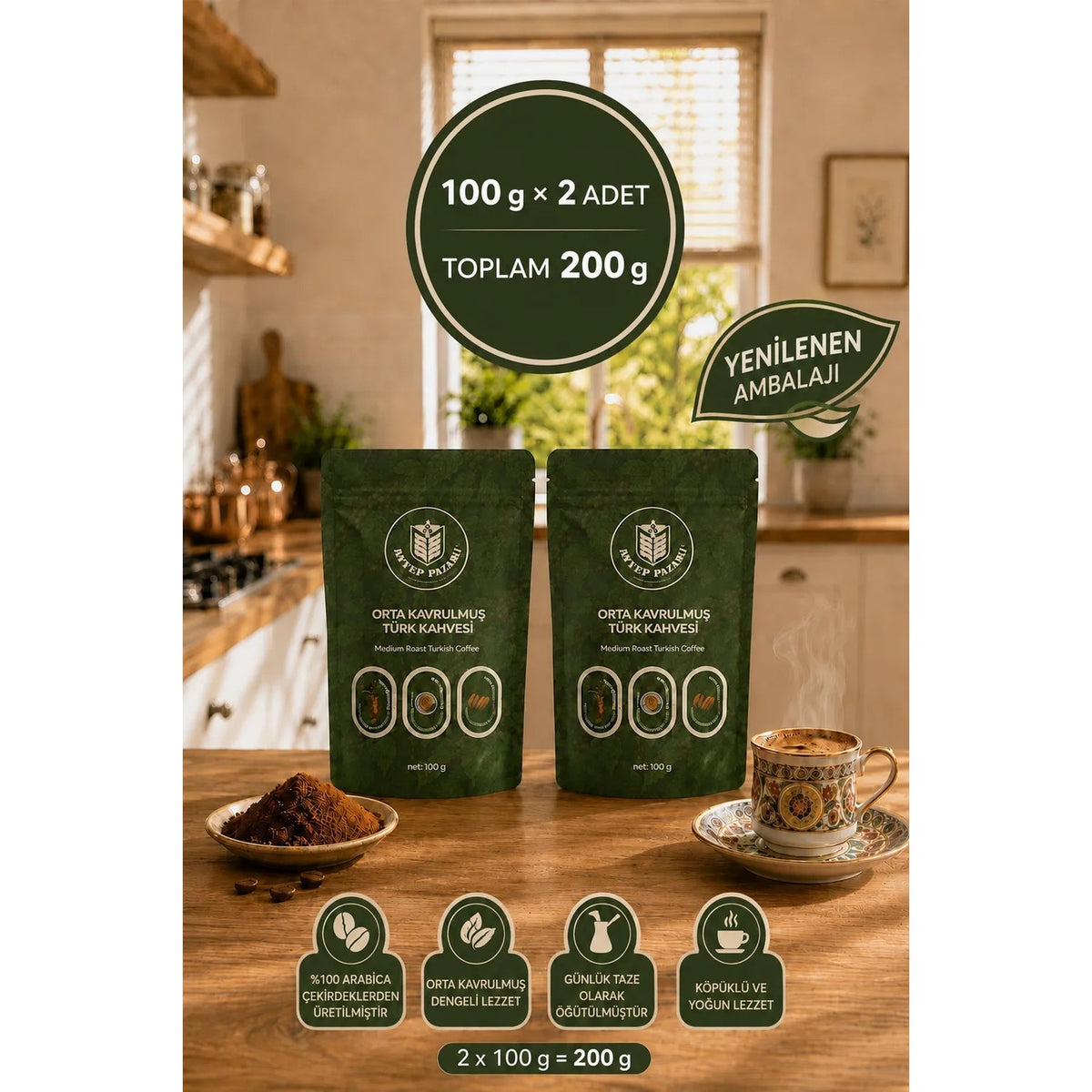 Antep Pazari Turkish Coffee - Medium Roast - 100 gr x 2 packs - MALLTURK