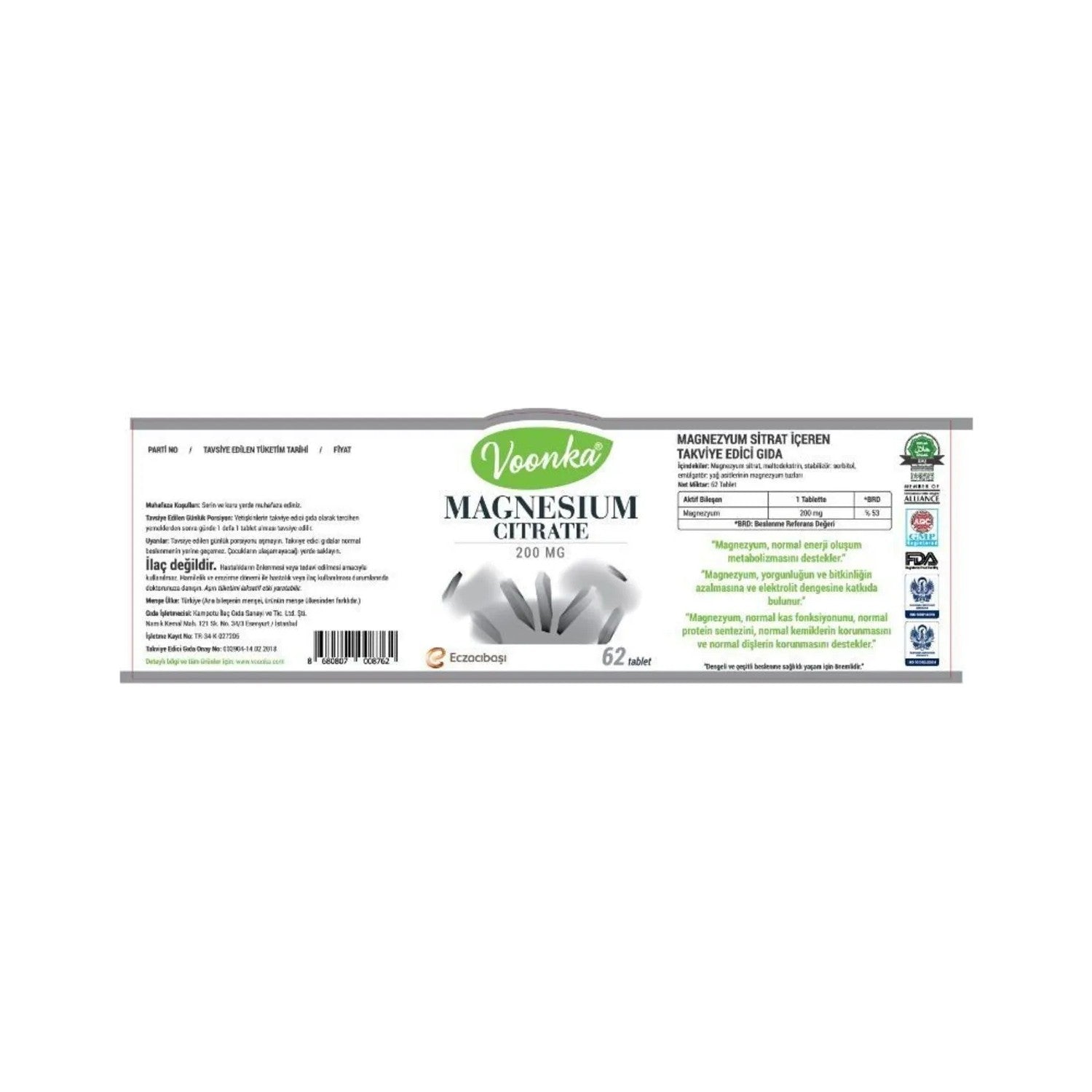 Voonka Magnesium Citrate 200 mg 60 Tablets - MALLTURK