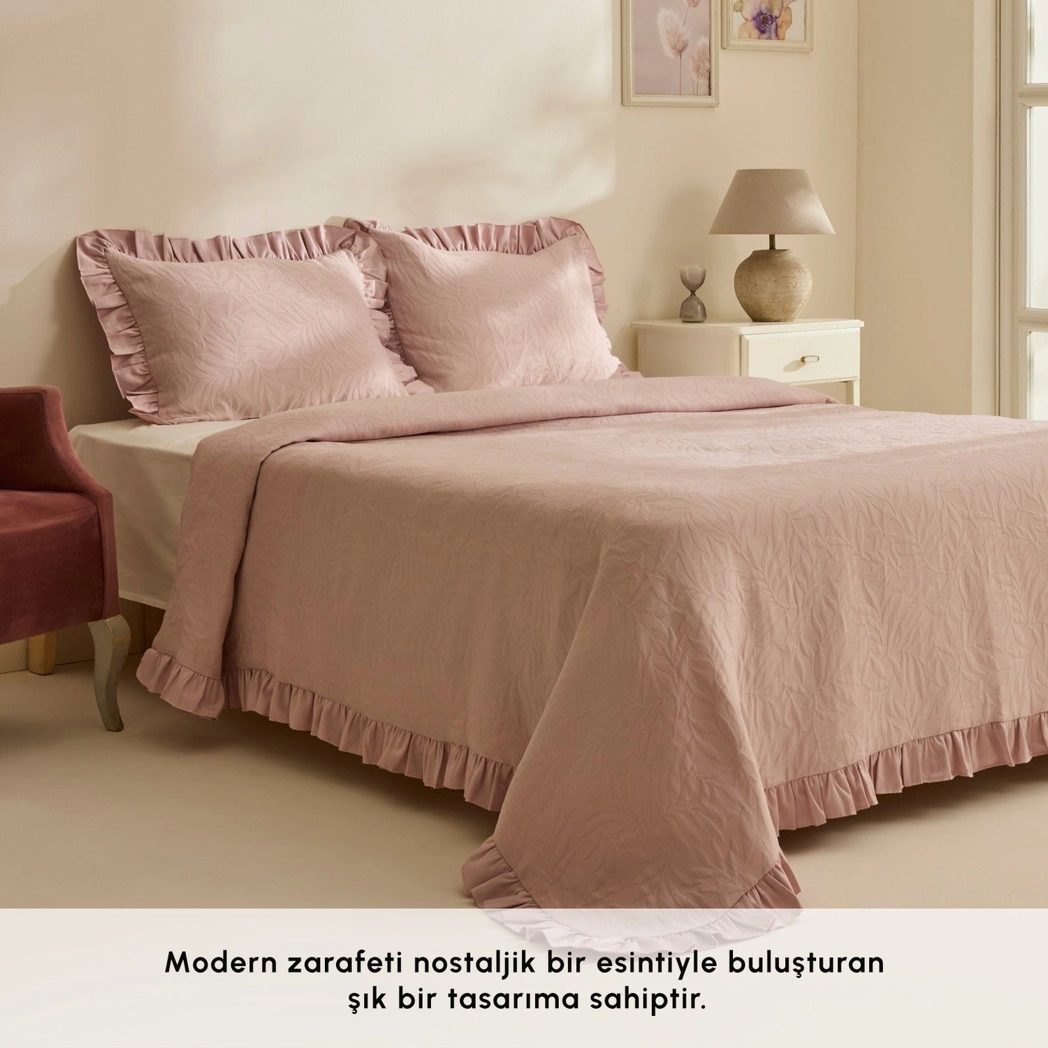 Karaca Home Branley Ruffled Single Bedspread Set, Powder Pink - MALLTURK