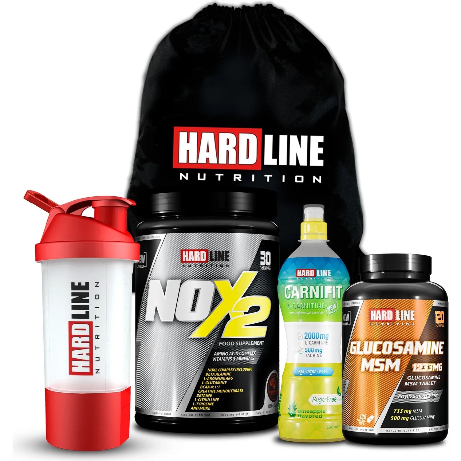 Hardline Nutrition Hardline Nox 2 1090 gr + Carnifit 500 ml 24 Tablets + Glucosamine MSM Combination - MALLTURK