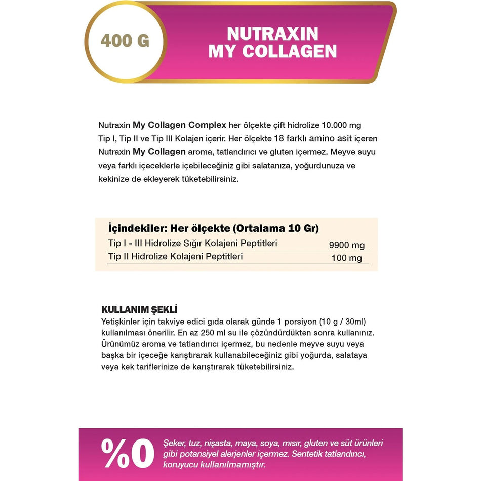 Nutraxin My Collagen 400 g Powder Collagen Type 1 2 3 Bovine Collagen with Supplement 40 Day Supply - MALLTURK