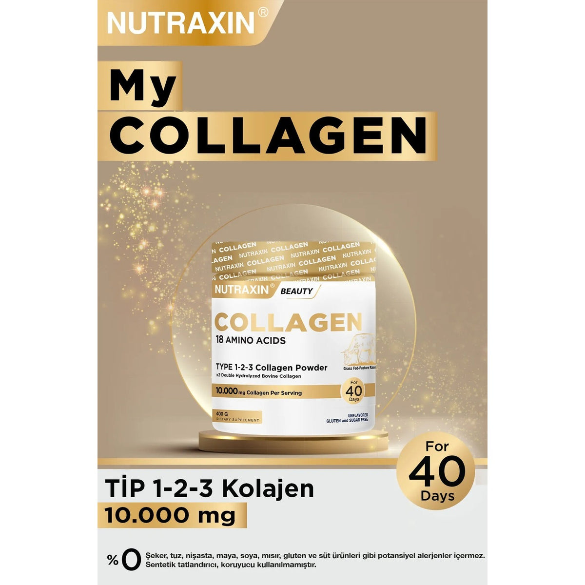 Nutraxin My Collagen 400 g Powder Collagen Type 1 2 3 Bovine Collagen with Supplement 40 Day Supply - MALLTURK