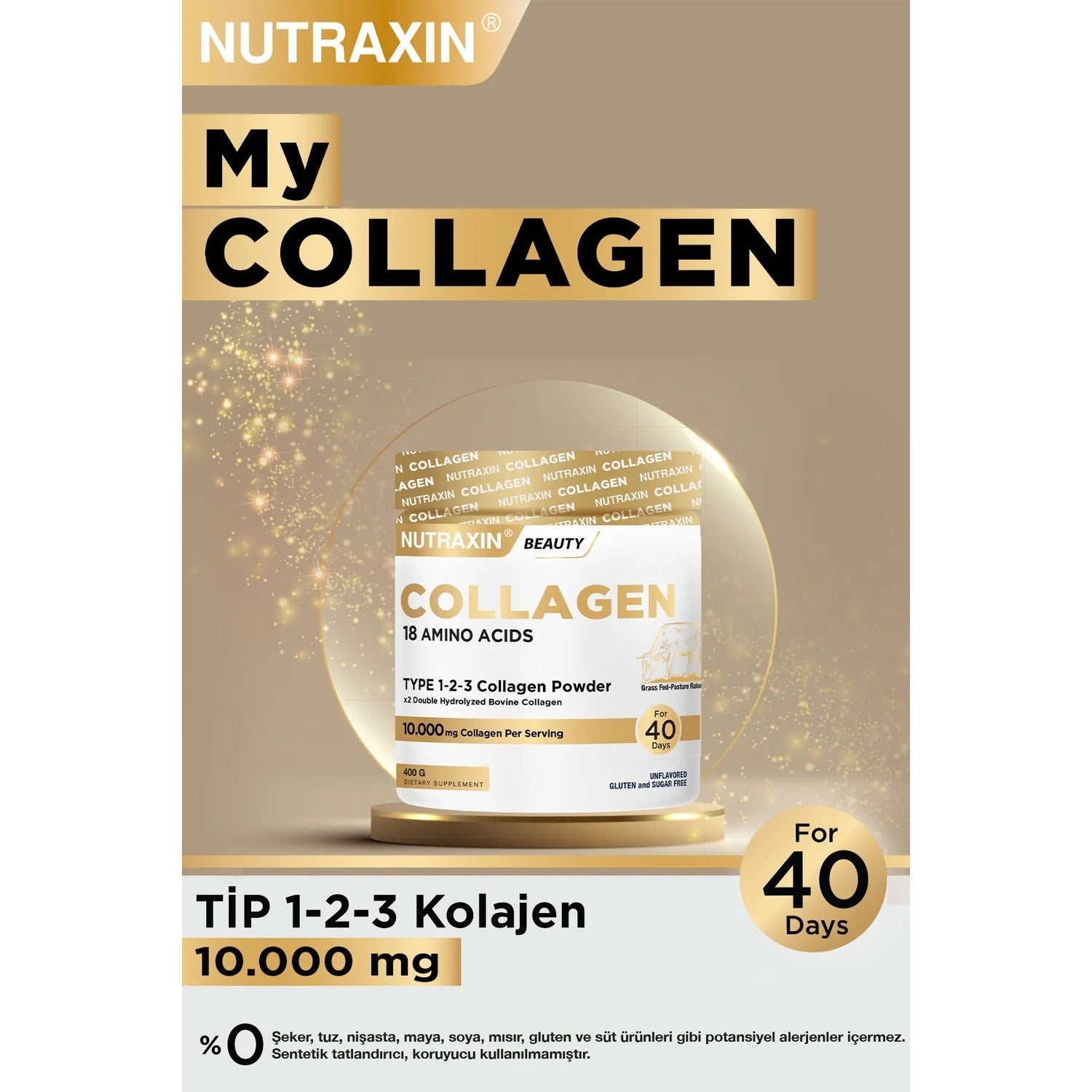 Nutraxin My Collagen 400 g Powder Collagen Type 1 2 3 Bovine Collagen with Supplement 40 Day Supply - MALLTURK