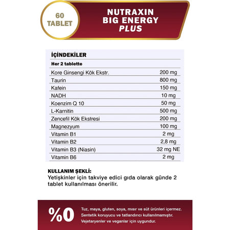 Nutraxin Big Energy Plus 150 mg Kafeinli Ginseng and Zencefil with Dietary Supplement 60 Capsule - MALLTURK