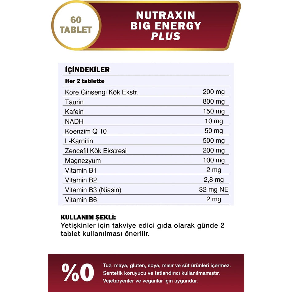 Nutraxin Big Energy Plus 150 mg Kafeinli Ginseng and Zencefil with Dietary Supplement 60 Capsule - MALLTURK