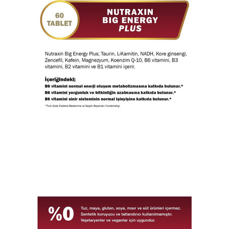 Nutraxin Big Energy Plus 150 mg Kafeinli Ginseng and Zencefil with Dietary Supplement 60 Capsule - MALLTURK