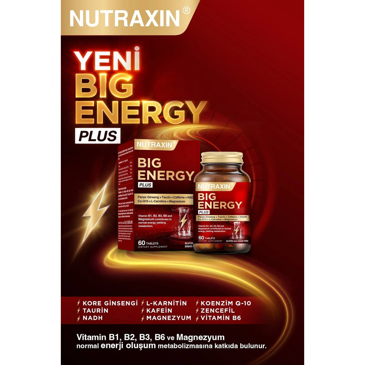 Nutraxin Big Energy Plus 150 mg Kafeinli Ginseng and Zencefil with Dietary Supplement 60 Capsule - MALLTURK