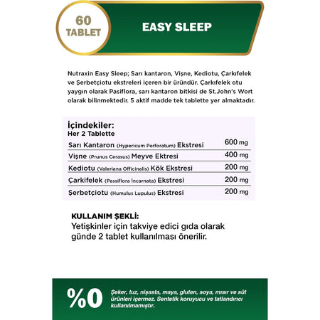 Nutraxin Easy Sleep 60 Tablet - Sari Kantaron, Visne, Kediotu Kok and Carkifelek Ekstresi - MALLTURK