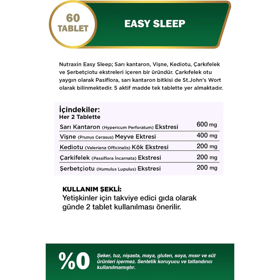 Nutraxin Easy Sleep 60 Tablet - Sari Kantaron, Visne, Kediotu Kok and Carkifelek Ekstresi - MALLTURK