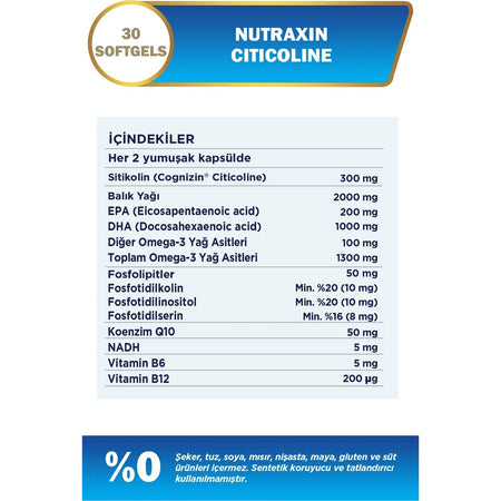 Nutraxin Citicoline 300 mg 30 Softgel Turkey Origin For Adults Omega 3 Dietary Supplement - MALLTURK