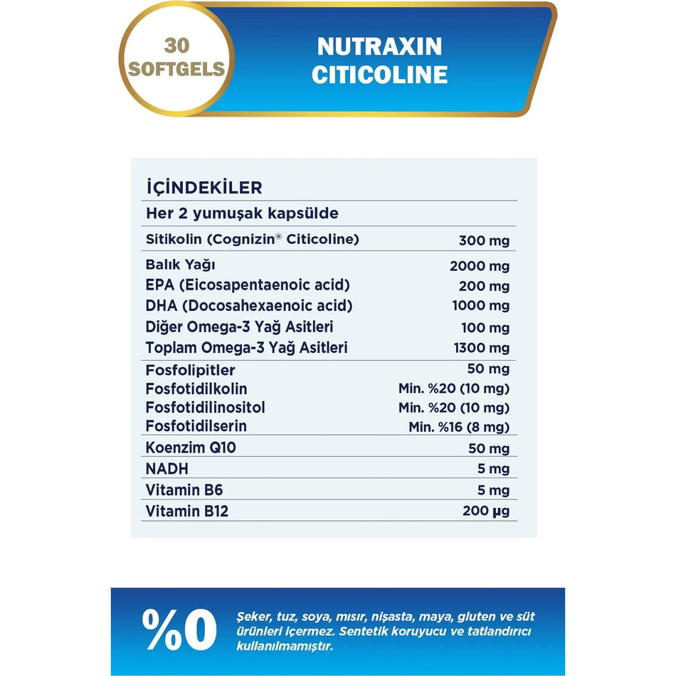 Nutraxin Citicoline 300 mg 30 Softgel Turkey Origin For Adults Omega 3 Dietary Supplement - MALLTURK