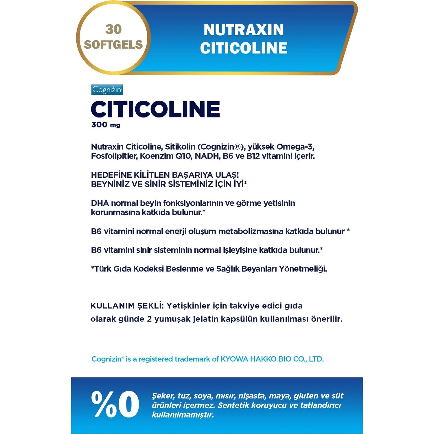 Nutraxin Citicoline 300 mg 30 Softgel Turkey Origin For Adults Omega 3 Dietary Supplement - MALLTURK