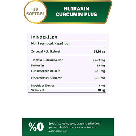Nutraxin Curcumin Plus 30 Softgel - Vitamin D, Karabiber with Dietary Supplement - MALLTURK