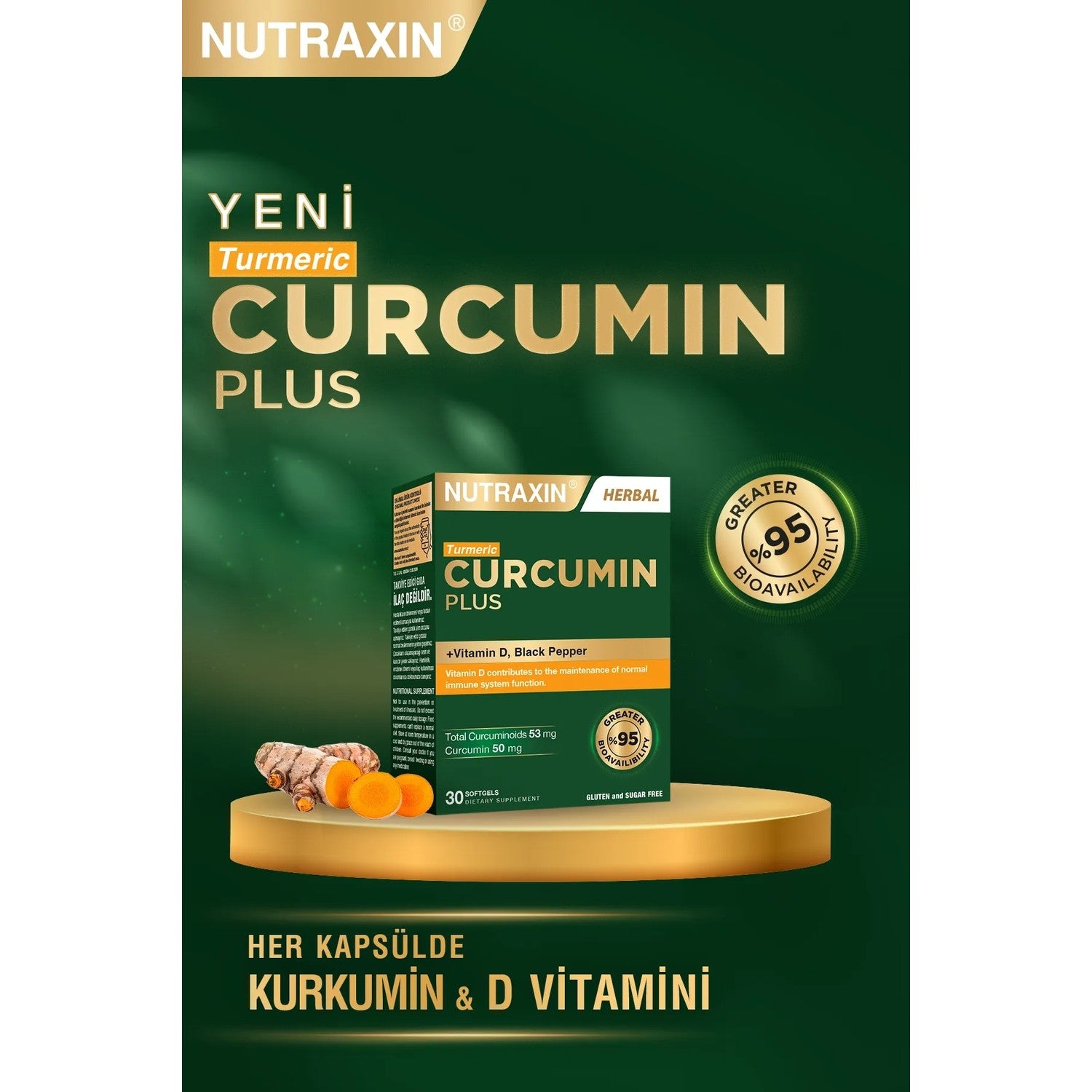 Nutraxin Curcumin Plus 30 Softgel - Vitamin D, Karabiber with Dietary Supplement - MALLTURK