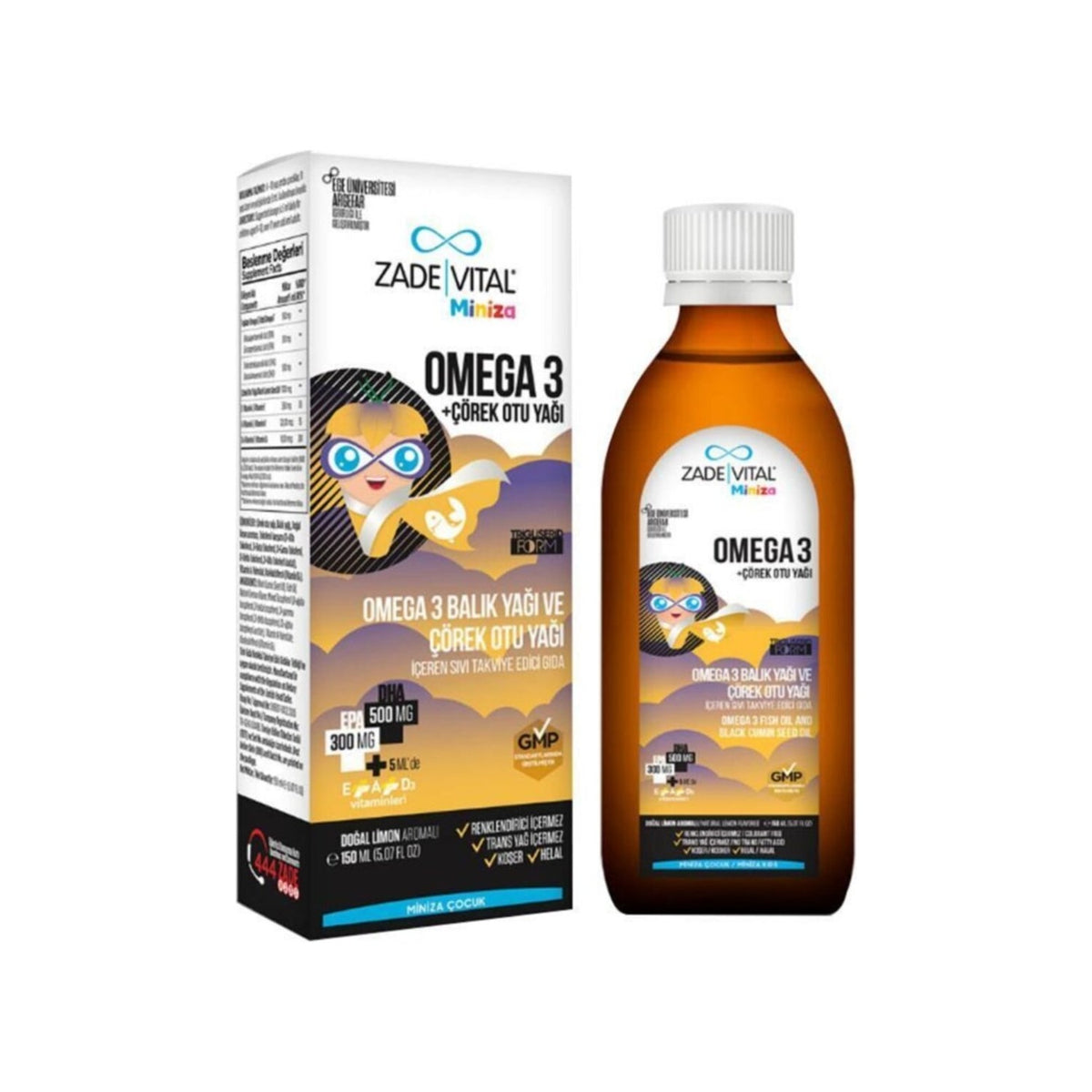 Zade Vital Miniza Omega 3 and Black Seed Oil 150 ml Liquid Supplement Gida - MALLTURK