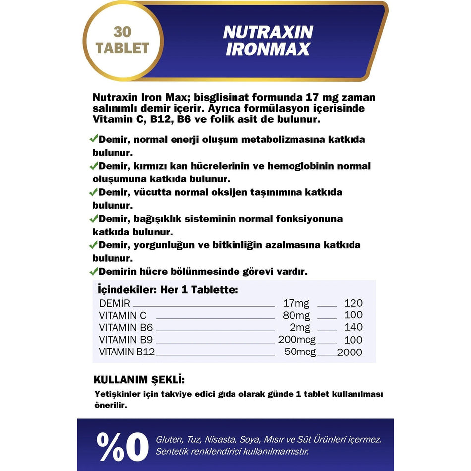 Nutraxin Iron Max 17 mg 30 Tablet - MALLTURK