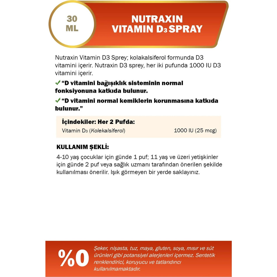 Nutraxin Vitamin D3 Spray 1000 Iu 30 ml - MALLTURK