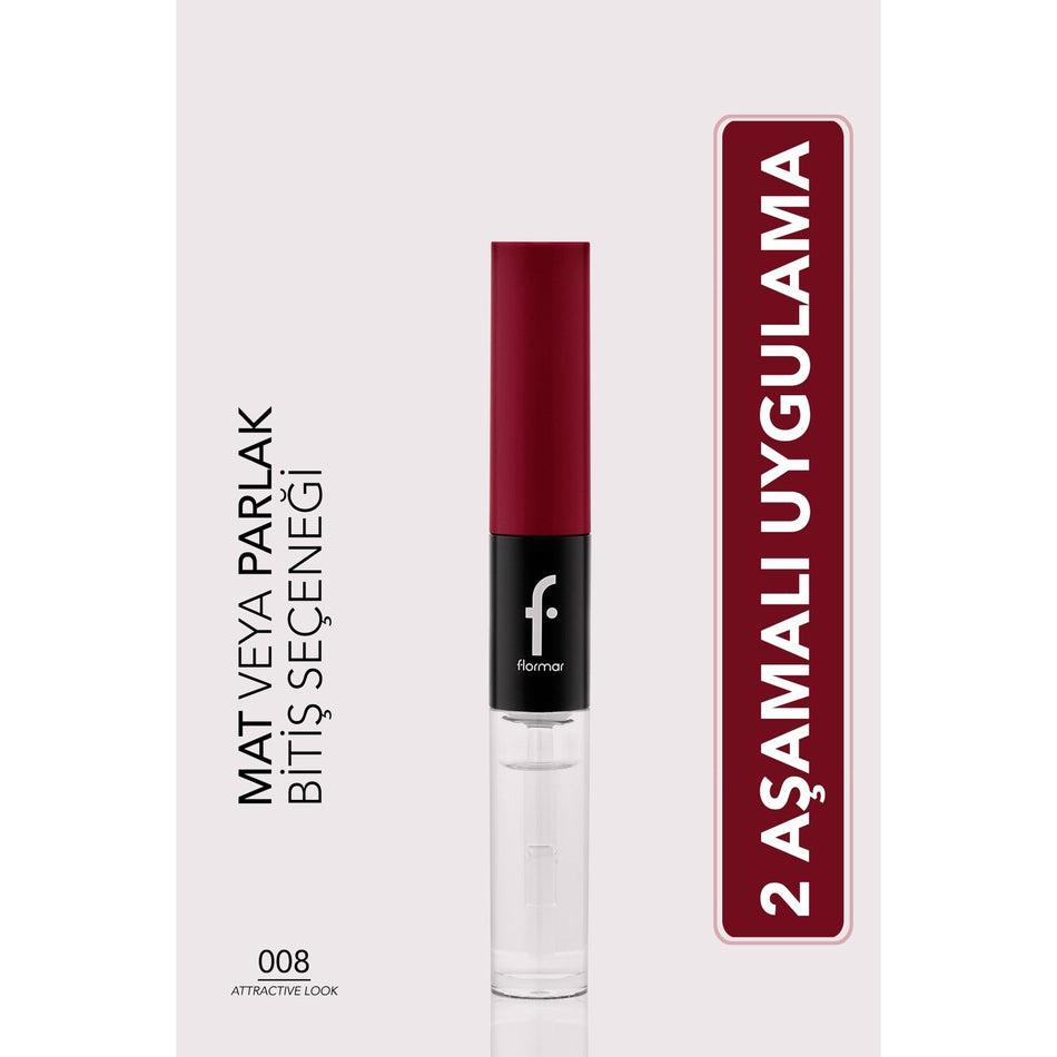 Flormar Duoglam High Pigment Creamy Liquid Lipstick & Ultra Long-Lasting Lip Gloss - 008 Attractive Look