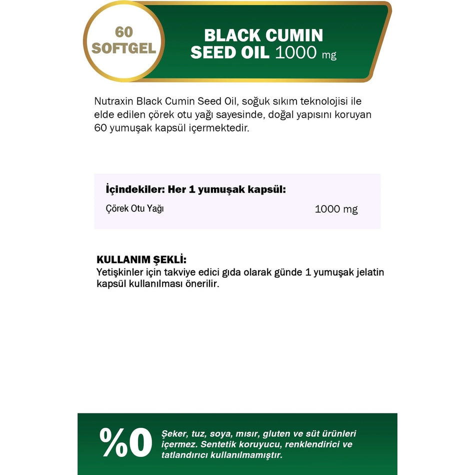 Nutraxin Black Cumin Seed Oil, Black Seed Oil 60 Softgel - Dogal Soguk Pres Supplement Edici - MALLTURK
