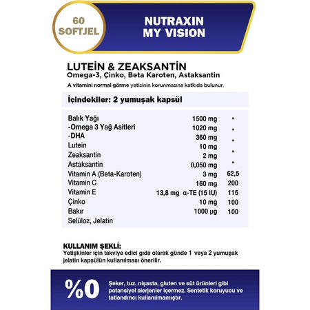 Nutraxin My Vision Goz Vitamin 60 Capsule Lutein and Zeaksantin with Turkey Origin Supplement - MALLTURK