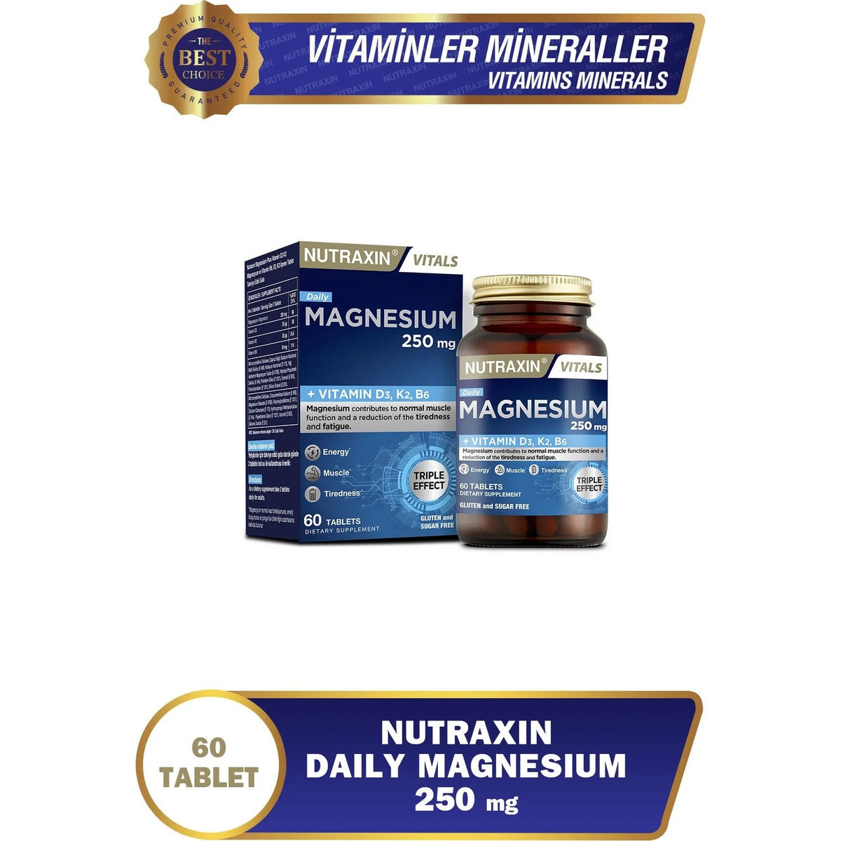 Nutraxin Magnesium Daily Energy 250 Mg 60 Tablet - Magnesium, D3, K2, B6 - MALLTURK