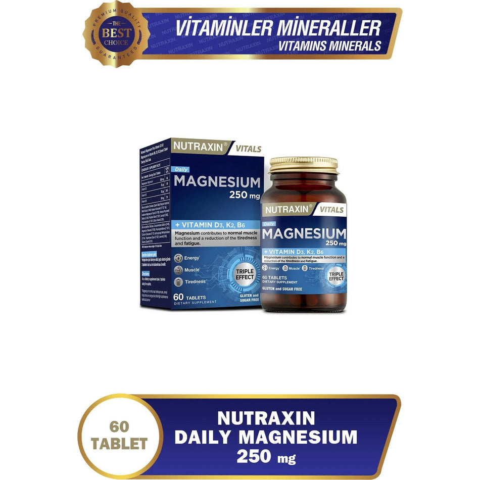 Nutraxin Magnesium Daily Energy 250 Mg 60 Tablet - Magnesium, D3, K2, B6 - MALLTURK