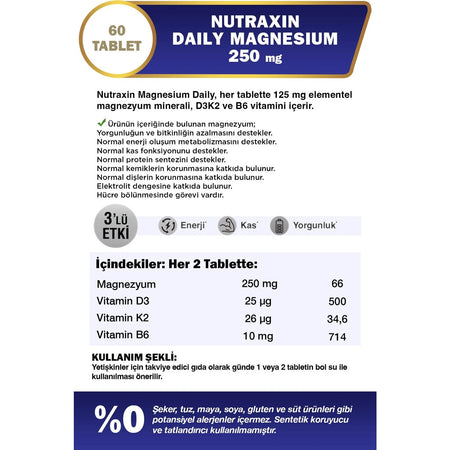 Nutraxin Magnesium Daily Energy 250 Mg 60 Tablet - Magnesium, D3, K2, B6 - MALLTURK